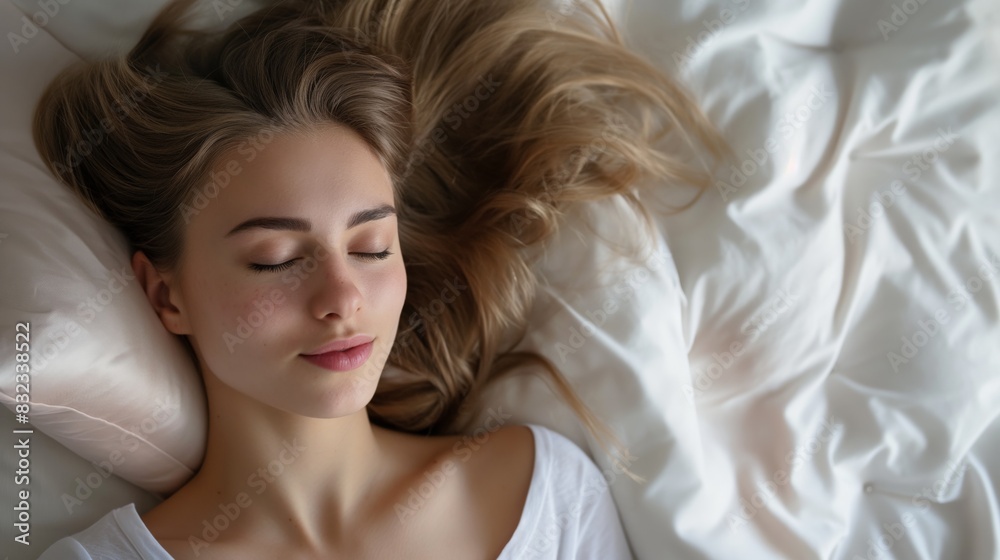 Young woman sleep on white bed eye closed blonde long hair Caucasian female relax rest bedroom hotel Young woman sleep on white bed eye closed blonde long hair Caucasian female relax rest bedroom hotel