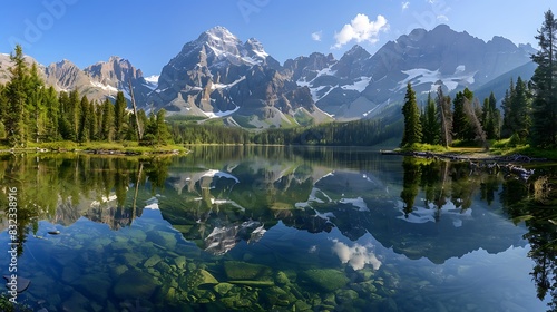 A crystal-clear mountain lake reflecting the surrounding peaks.