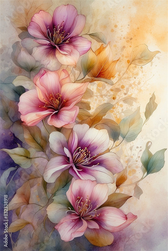 Watercolor flowers in shades of pink and peach on soft background