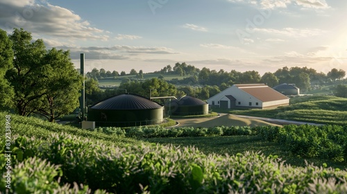 A serene landscape showing a biogas facility in a rural area, with digesters and storage tanks subtly integrated into the natural environment, demonstrating 