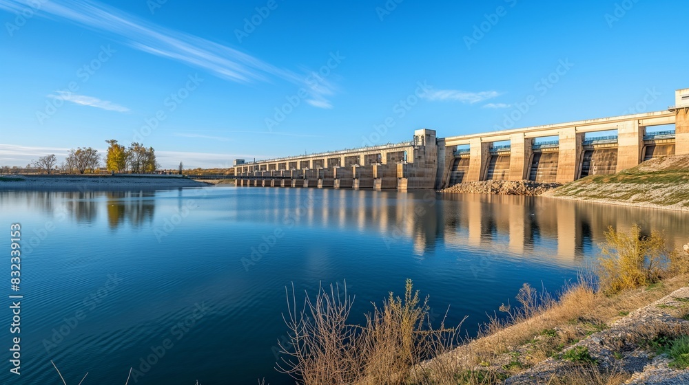 Obraz premium A serene reservoir behind a hydroelectric dam, with calm waters reflecting the clear blue sky. This image emphasizes the dual purpose of dams for both power generation and water storage.