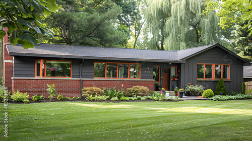 house surrounded by lush green lawn and flowering gardens, created, These homes generally had 3-4 bedrooms, attached garage and were on a well landscaped street,