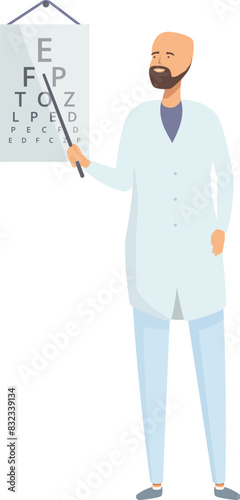 Illustration of optometrist in lab coat pointing at snellen chart for vision exam
