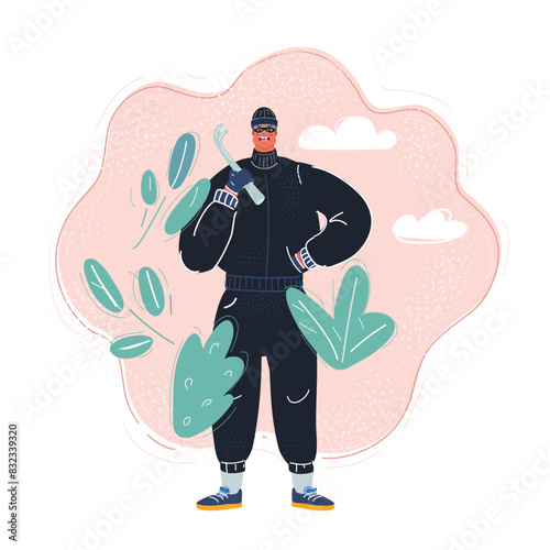 Cartoon vector illustration of man in Balaclava with crowbar in his hands. Crime character.