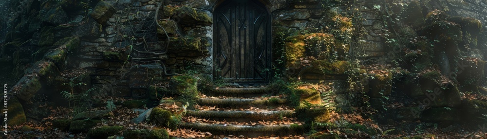 Ancient stone staircase leading to a mysterious wooden door covered in moss, surrounded by overgrown foliage in a forest. Ancient stone staircase leading to a mysterious wooden door covered in moss, surrounded by overgrown foliage in a forest.