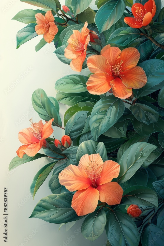 Vibrant Painting of Orange Flowers With Green Leaves Vibrant Painting of Orange Flowers With Green Leaves