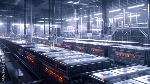 A series of industrial batteries storing excess power from a smart grid to balance load and supply during peak times  shown in a clean and organized battery storage facility