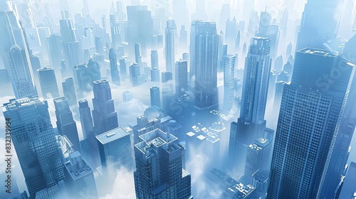 Aerial view of a modern cityscape shrouded in mist, featuring towering skyscrapers and dense urban structures at sunrise. photo