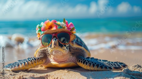 A turtle wearing a flower headband and sunglasses is laying on the beach photo
