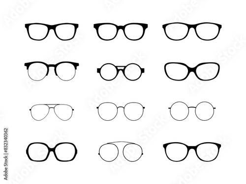 Set of Eyeglasses Silhouette in various poses isolated on white background