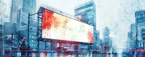 Digital illustration of a futuristic urban landscape with a large blank billboard amidst tall buildings in a rainy cityscape. photo