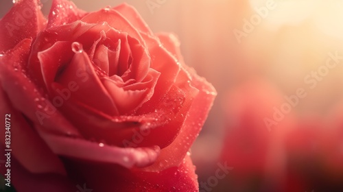 A single red rose with water droplets morning love at first sight red pink blurred background close up copy space