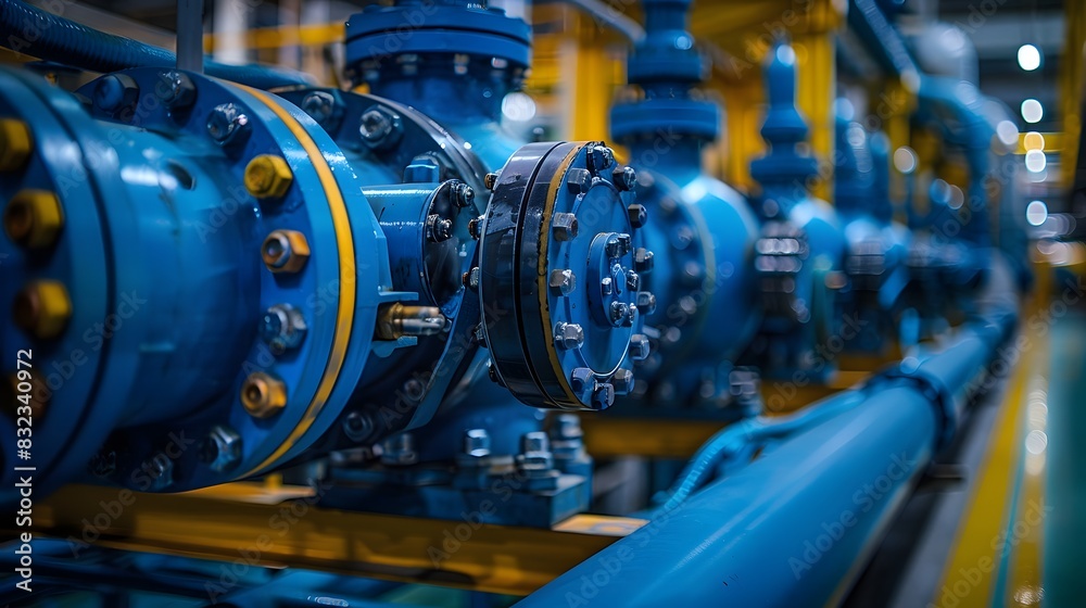 A row of blue industrial pipes and technology in an energy production facility, with yellow accents. High-tech machinery and equipment are visible along the wall behind them. A row of blue industrial pipes and technology in an energy production facility, with yellow accents. High-tech machinery and equipment are visible along the wall behind them.