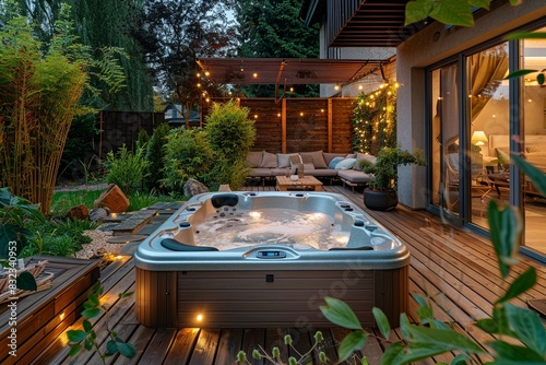  Step into a peaceful sanctuary with a hot tub nestled in a backyard oasis, offering a wooden deck, cozy seating, and abundant greenery
