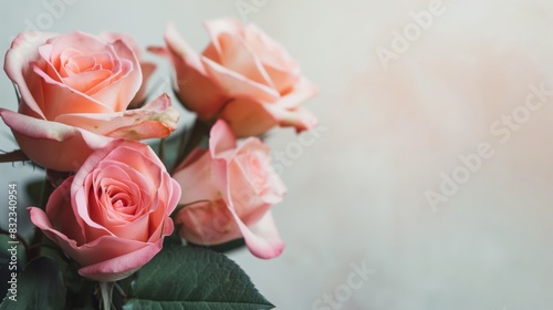 Bouquet of 4 red pink roses unchanging love light color pink background copy space
