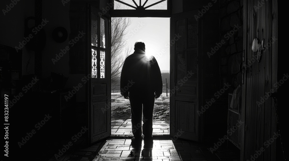 A man walks towards a bright light coming through an open doorway. He is silhouetted against the light. The photo is in black and white. A man walks towards a bright light coming through an open doorway. He is silhouetted against the light. The photo is in black and white.