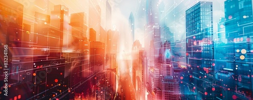 Futuristic digital skyline with vibrant colors and abstract technology elements, featuring skyscrapers and a dynamic cityscape.