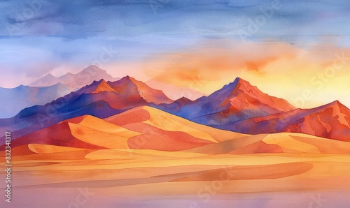 Desert landscape at sunset with towering sand dunes and a sky ablaze with color  warm and cool tones  watercolor  vast and tranquil 