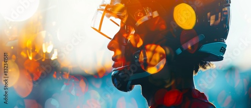 A young ice hockey player wearing a helmet is seen with vibrant, colorful bokeh lights in the background under the setting sun. photo