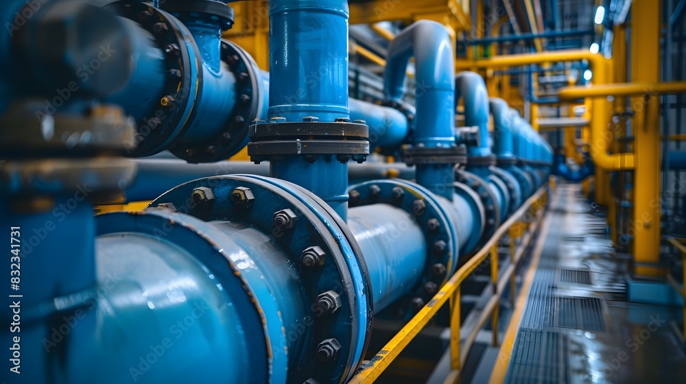A row of blue industrial pipes and technology in an energy production facility, with yellow accents. High-tech machinery and equipment are visible along the wall behind them. A row of blue industrial pipes and technology in an energy production facility, with yellow accents. High-tech machinery and equipment are visible along the wall behind them.