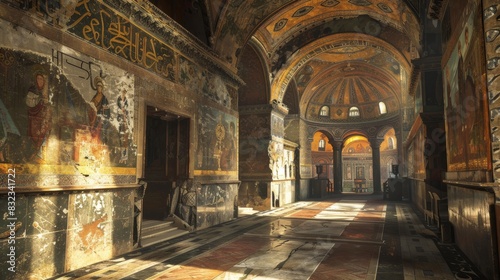 Ancient church interior with mosaic dome and frescoed walls