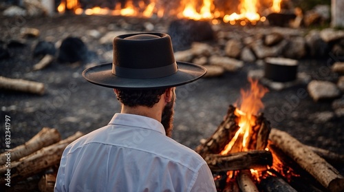 Jewish holiday Lag B'Omer. Orthodox man in a hat against the backdrop of a large fire. photo