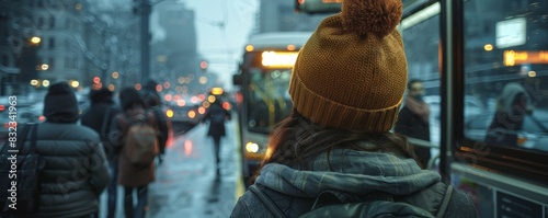 Person in a city wearing a winter hat, standing at a bus stop during a snowy evening with traffic and buildings in the background. photo