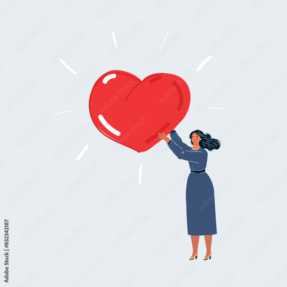 Cartoon vector illustration of woman hold big red heart in hand on white background.