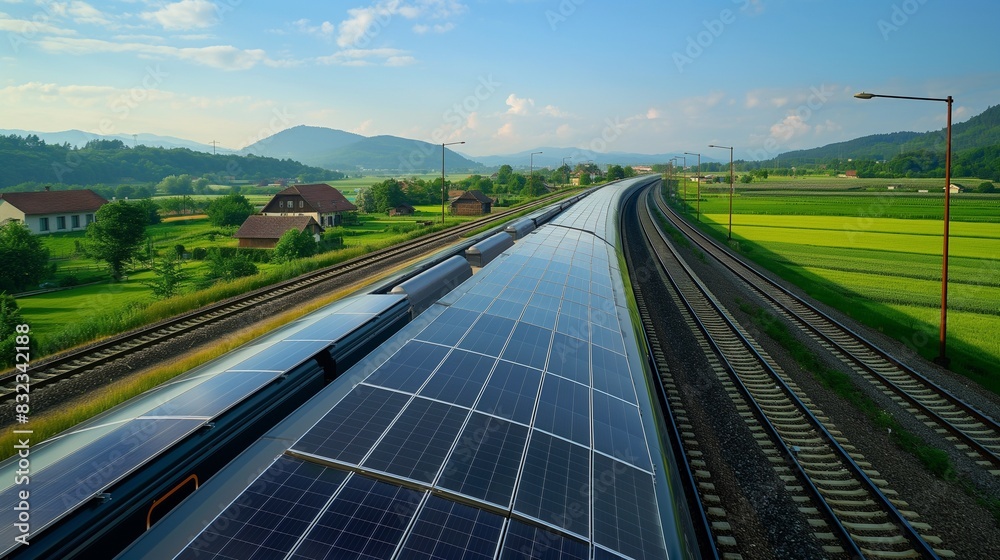 A solar-powered train moving through a rural landscape, its roof covered with solar panels. The train blends seamlessly with the green environment, symbolizing eco-friendly transportation solutions.