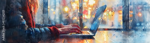 Person typing on laptop in a cozy  warmly lit cafe with glowing lights and reflections on window  creating a peaceful  productive atmosphere.
