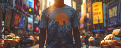 Person wearing cityscape t-shirt walking through a busy urban street with taxis and billboards during sunset, capturing the essence of city life.