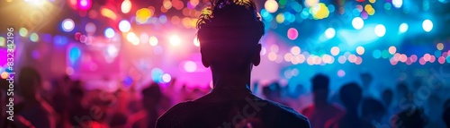 Silhouette of a person at a vibrant music concert or night club, illuminated by colorful lights and surrounded by crowd and stage.