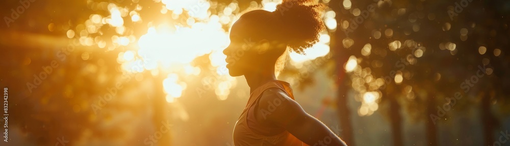 Silhouette of a woman jogging through a sunlit forest in the early morning, capturing the essence of fitness and nature's beauty. Silhouette of a woman jogging through a sunlit forest in the early morning, capturing the essence of fitness and nature's beauty.