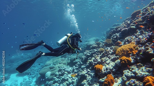A scuba diver exploring a coral reef