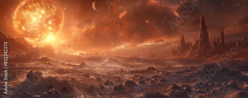 Desolate alien planet with rugged terrain and a red sky, muted tones, photorealistic, harsh and mysterious, photo