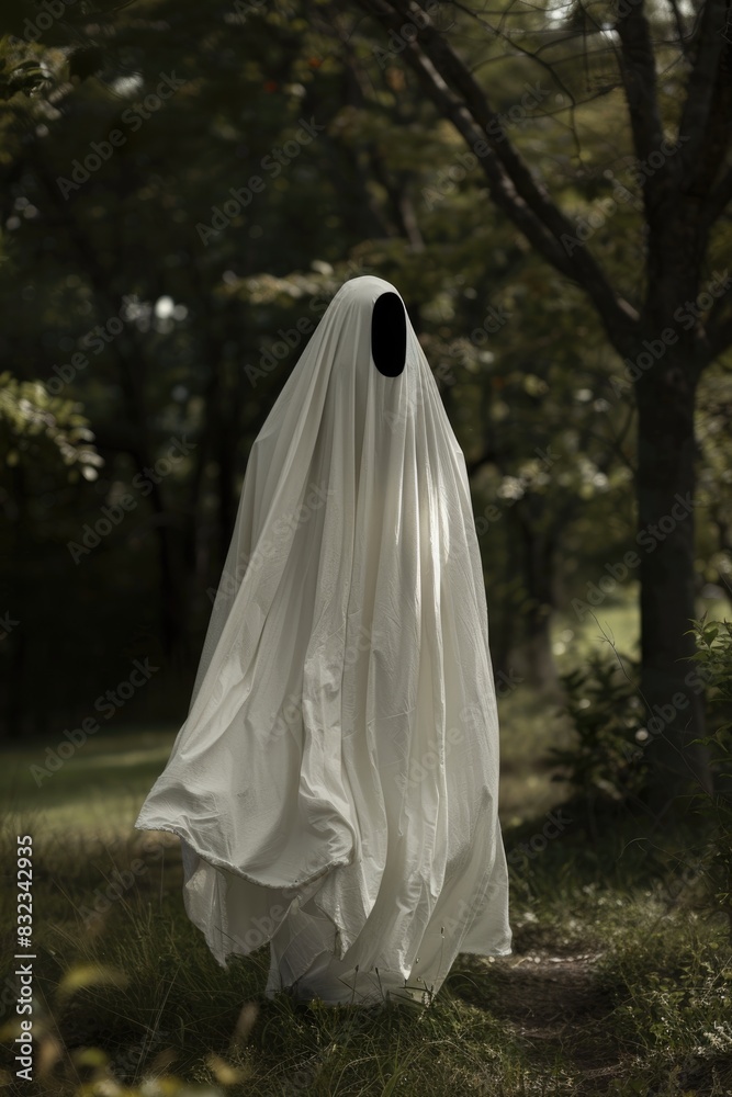 Mysterious Ghostly Figure in Forest Cloaked in White Sheet for Halloween Themed Setting Mysterious Ghostly Figure in Forest Cloaked in White Sheet for Halloween Themed Setting