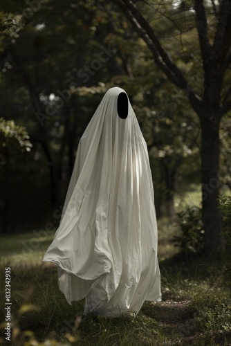 Mysterious Ghostly Figure in Forest Cloaked in White Sheet for Halloween Themed Setting