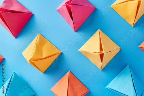 Top view of colourful paper pyramids and copy space