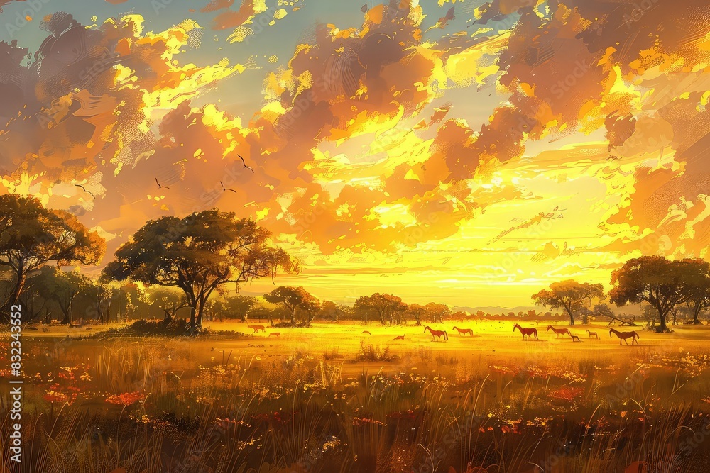 Expansive savannah with acacia trees and grazing wildlife, warm golden tones, photorealistic, digital painting, serene and natural, Expansive savannah with acacia trees and grazing wildlife, warm golden tones, photorealistic, digital painting, serene and natural,