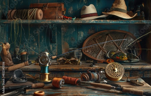 a image of a collection of fishing gear and accessories on a table
