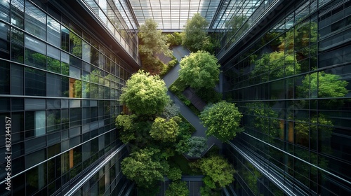 A top-down view of a glass office building courtyard, which is densely filled with trees and shrubs, forming a natural oasis in an urban setting.