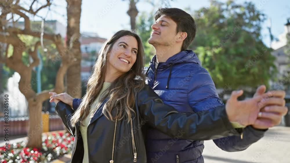 A smiling couple embracing affectionately in a sunny urban park, portraying love and companionship. A smiling couple embracing affectionately in a sunny urban park, portraying love and companionship.