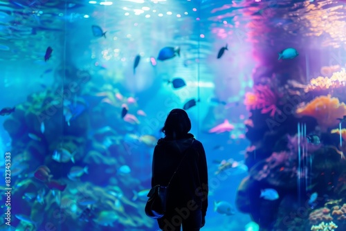 Person silhouette standing in front of a large aquarium tank with colorful coral and fish, illuminated with vibrant blue and purple lighting. © HADAPI