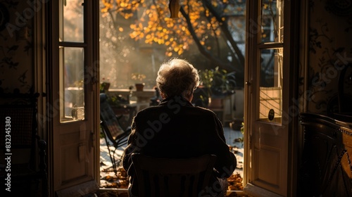 A senior citizen sits in a chair by a window, looking out at a garden with sunlight filtering through the leaves.