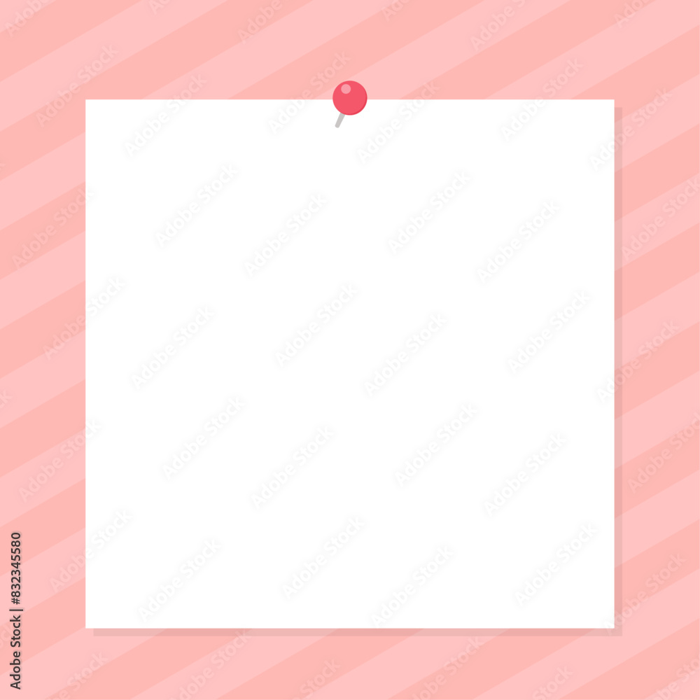 ピンク色の斜めストライプの背景に押しピンで留めた白い紙 - 正方形のメモ･メッセージ･付箋紙