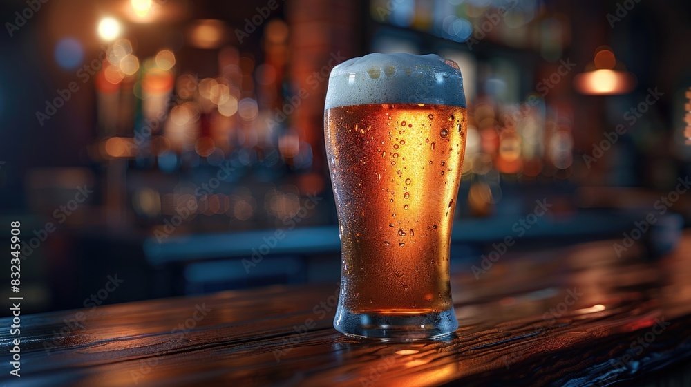 Chilled Craft Beer Glass on Wooden Bar Counter Chilled Craft Beer Glass on Wooden Bar Counter