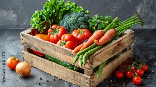 wooden box with vegetables. copy space