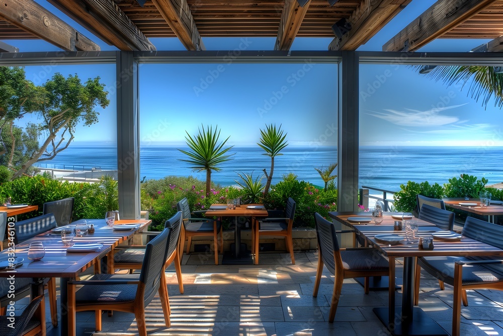 Obraz premium Scenic Outdoor Dining with Breathtaking Ocean View in Tropical Setting