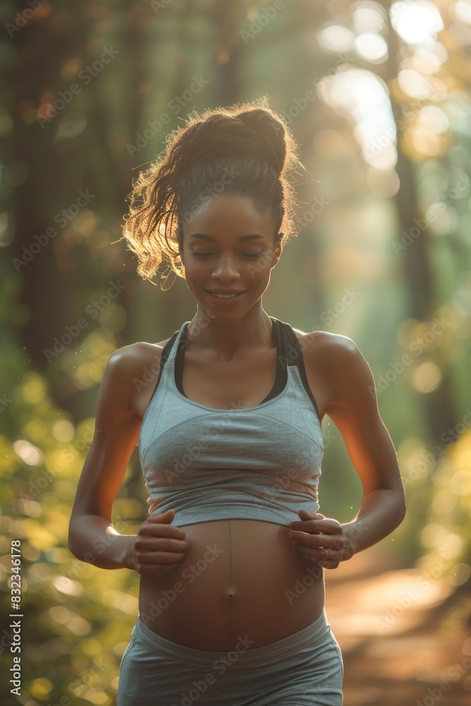 Smiling African American pregnant woman jogging in the forest Smiling African American pregnant woman jogging in the forest