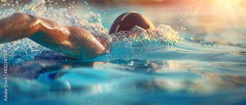 Professional swimmer in action in an indoor pool, competing with determination under the morning sunlight. Energetic aquatic sport. photo